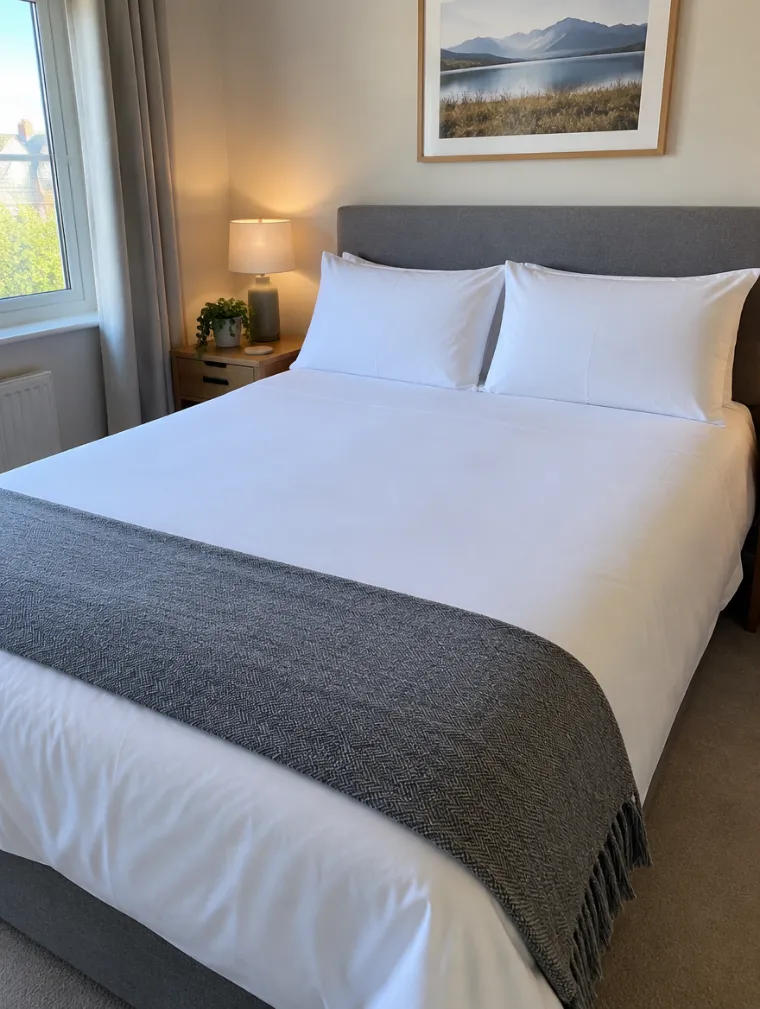 A freshly made bed photographed by the cleaner