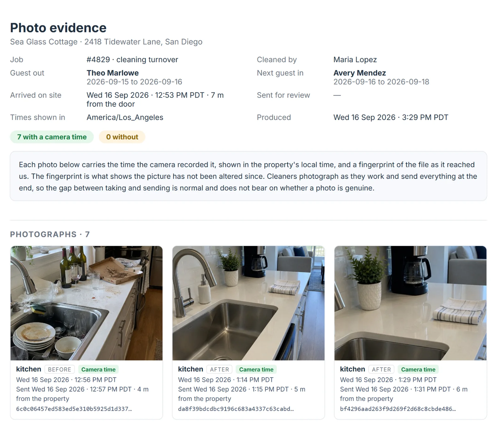 The claim pack: every photo with its camera time, send time, distance from the property and fingerprint