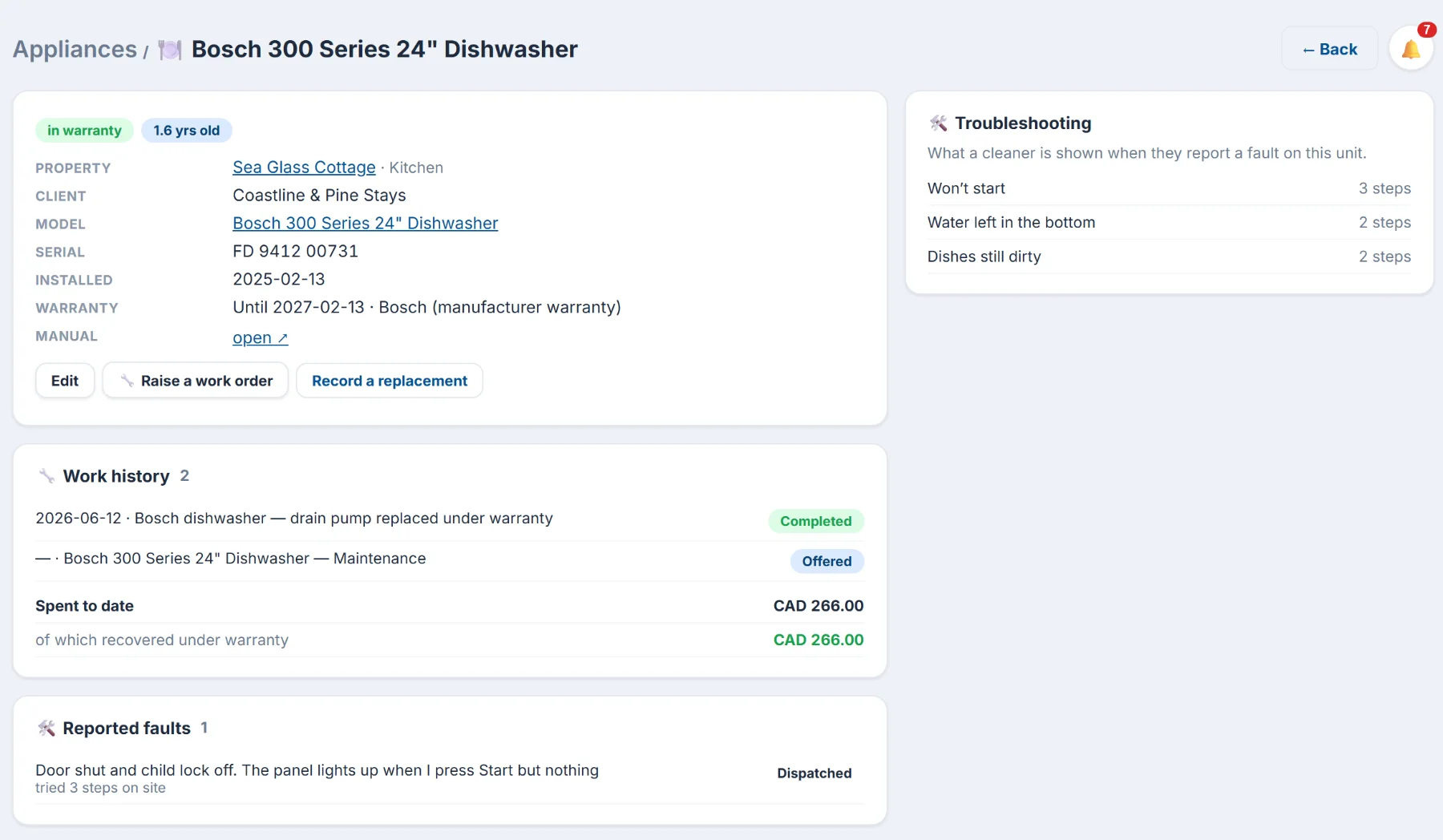 One appliance's record: make, model, serial, install date, warranty, manual, troubleshooting and repair history