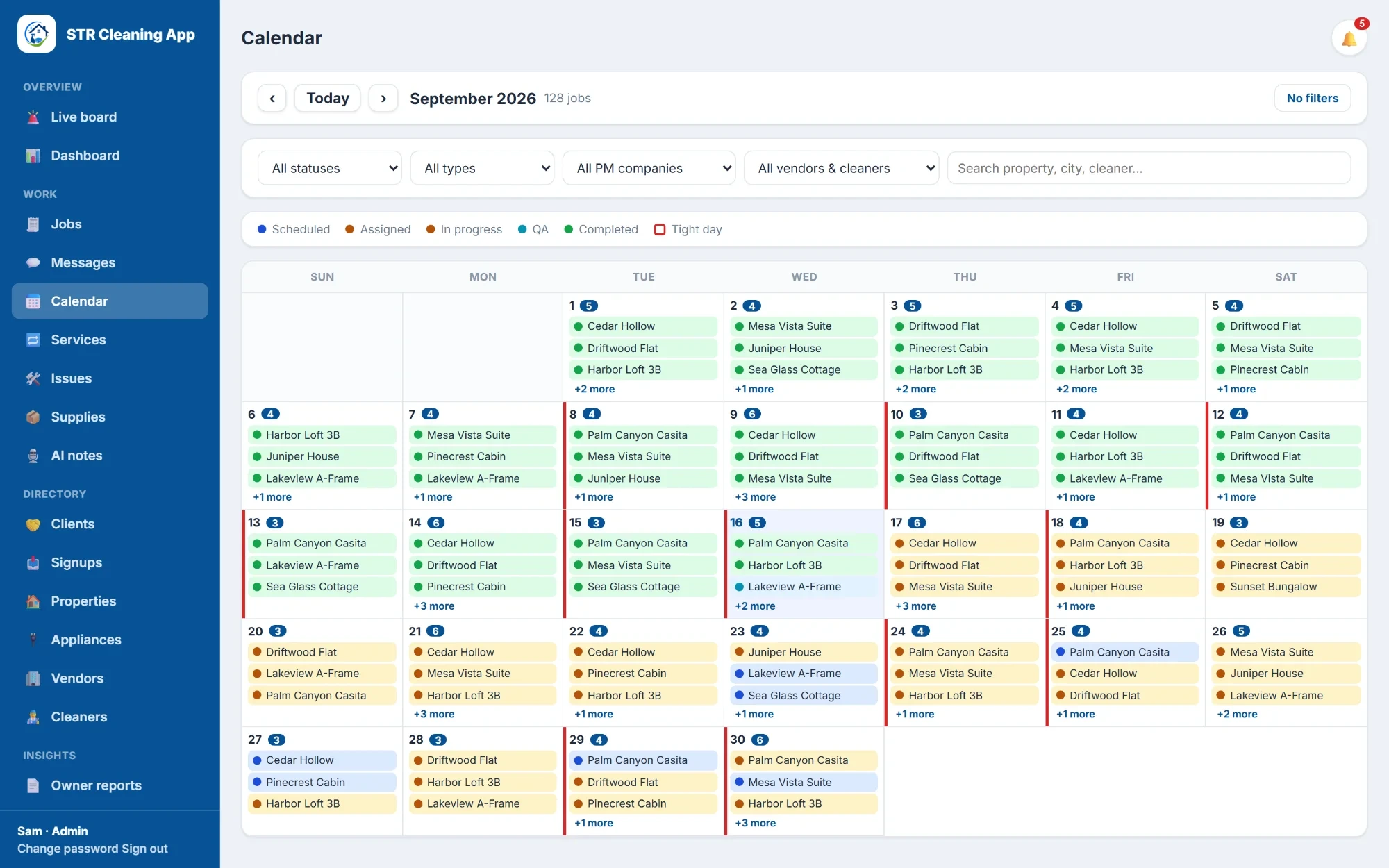 September calendar with three to six turnovers a day across ten properties