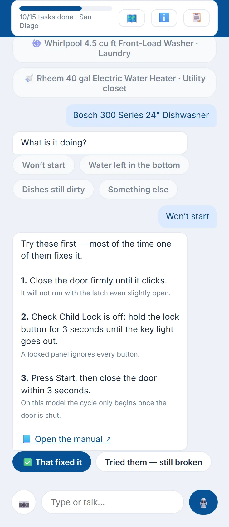 Troubleshooting on the cleaner's phone: the dishwasher's steps for Won't start