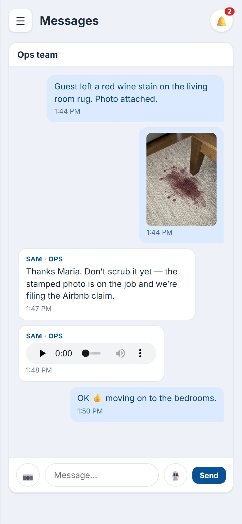 A cleaner and the operations team talking about a wine stain, with a photo and a voice note