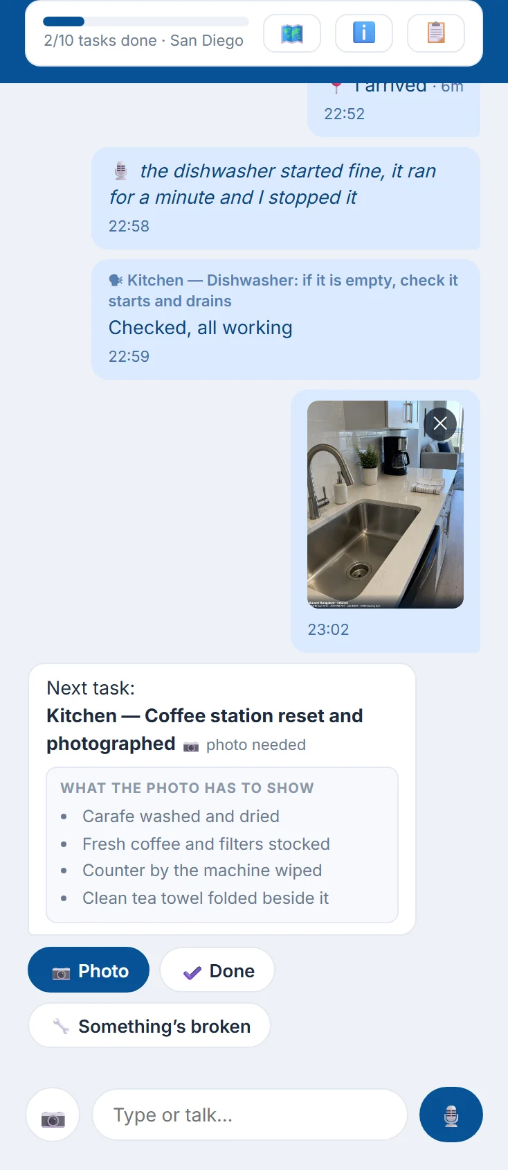The chat asks for the next task and shows exactly what the photo has to show