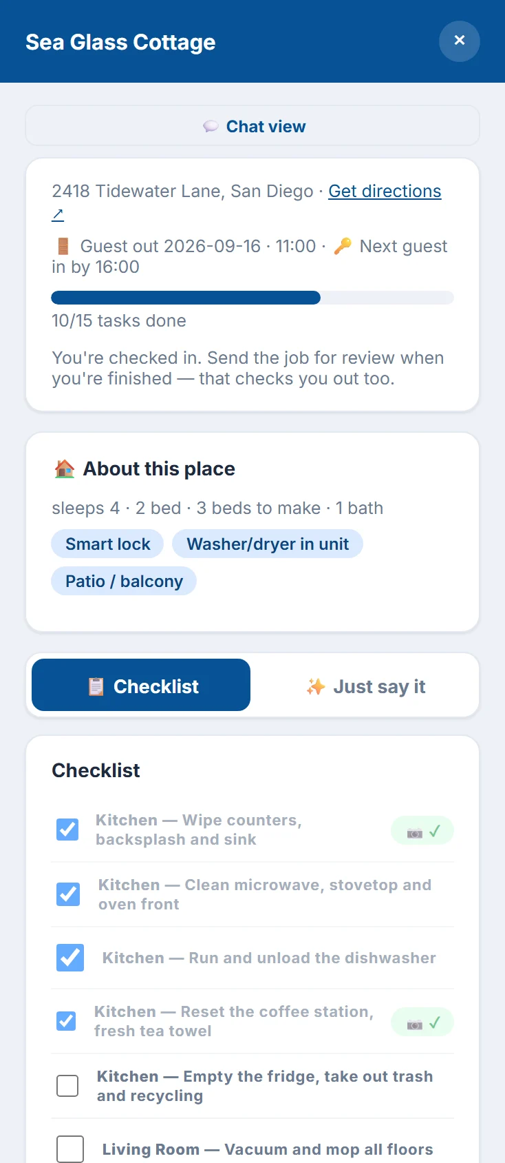 A job on the cleaner's phone: address, directions, checkout and check-in times, progress